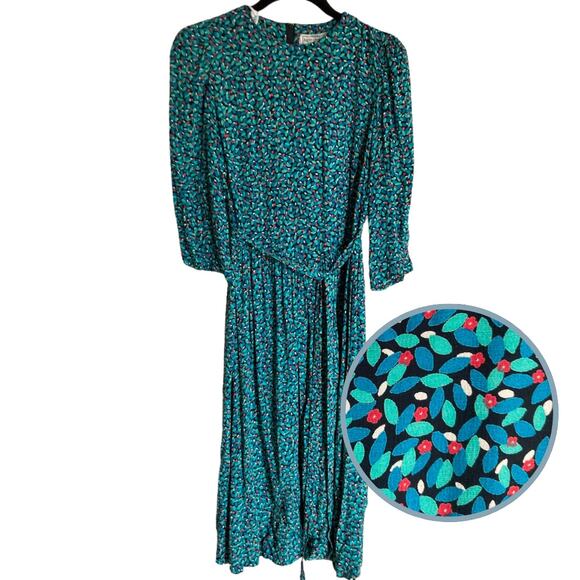 Vintage Womens 00/XS Multicolor Ditsy Floral Tie Waist Midi Dress Retro Prairie - Picture 1 of 8